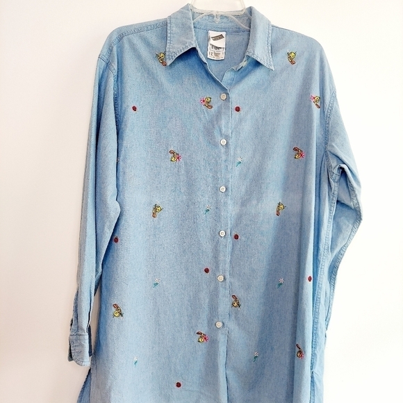 Vintage Warner Bros Tweety Denim Chambray Embroiderd Button-up Shirt Large Tunic - Picture 7 of 14